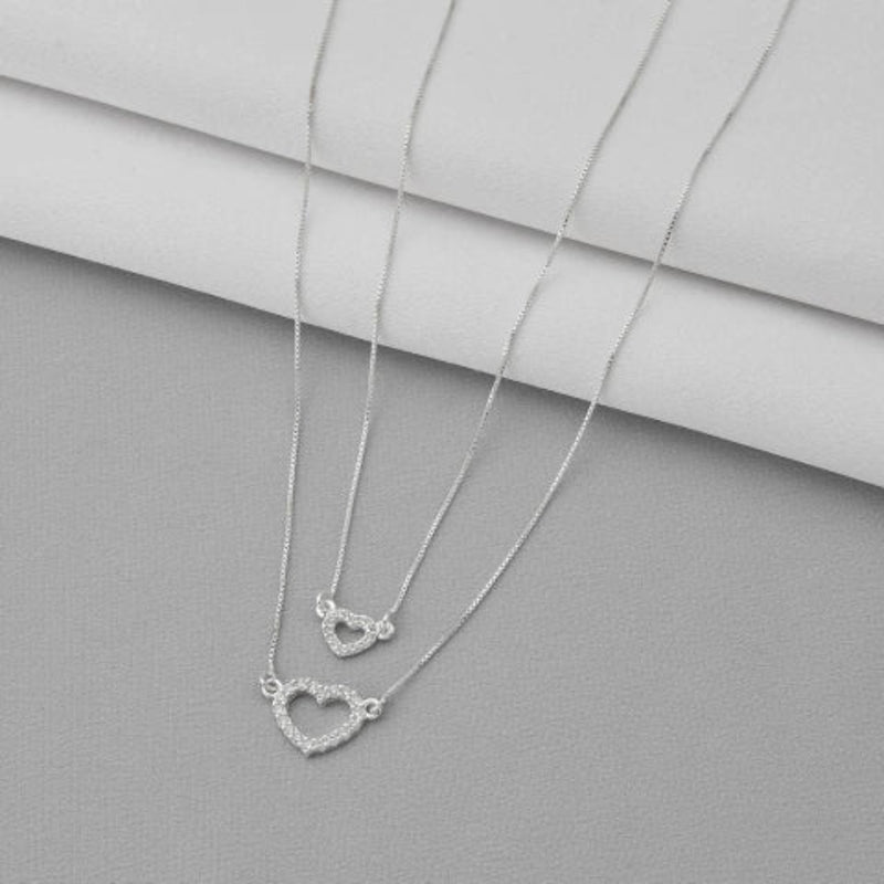 Gargantilha Dupla Com Corações Cravejados Prata 925