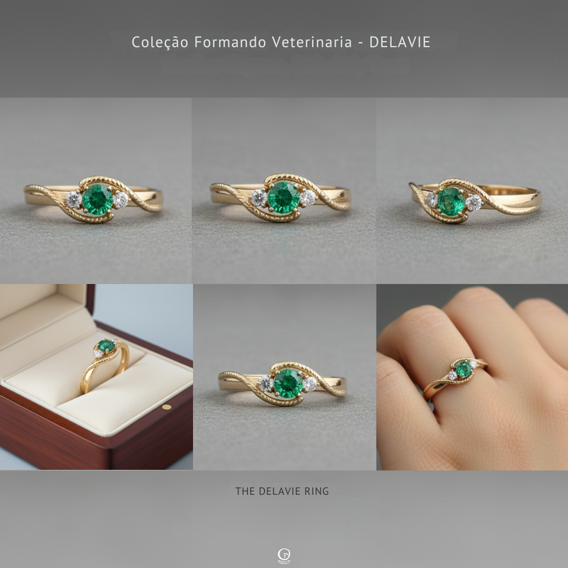 Anel de Formatura Veterinária Feminino em Ouro 18K com Pedra Verde – Coleção Amor & Vida Animal
