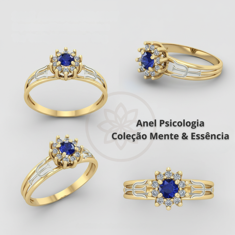 Anel de Formatura Psicologia em Ouro 18K com Pedra Azul e Símbolo Psi – Coleção Mente & Essência