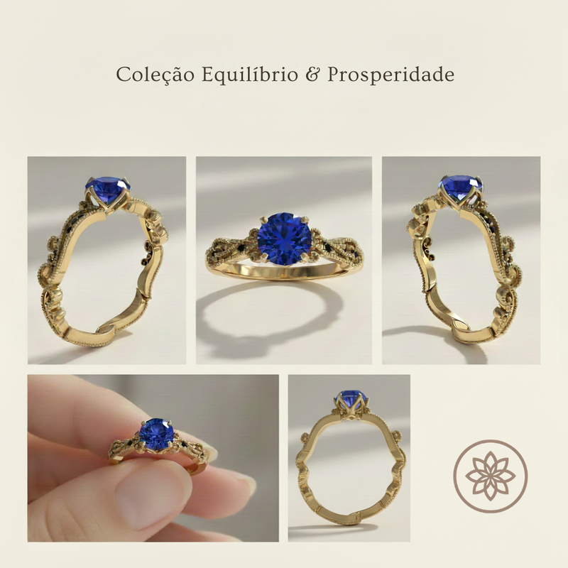 Anel de Formatura Feminino Economia em Ouro 18K com Pedra Azul – Coleção Equilíbrio & Prosperidade