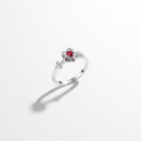 Anel Rosa Encantada Rubi em Prata 925 – Design de Flor com Detalhes de Folhas, Romântico e Delicado