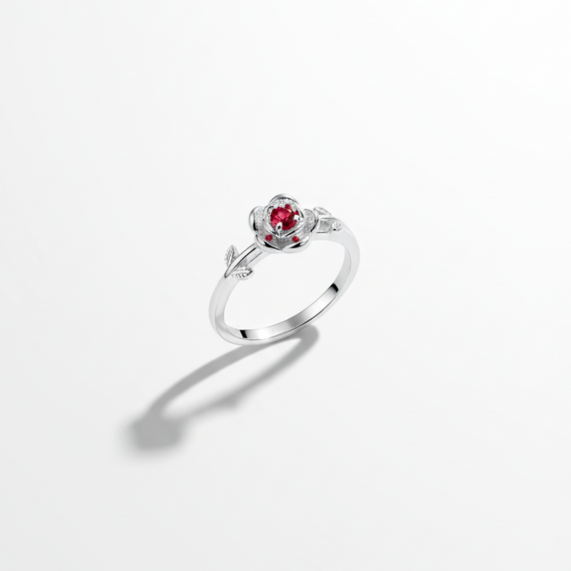 Anel Rosa Encantada Rubi em Prata 925 – Design de Flor com Detalhes de Folhas, Romântico e Delicado