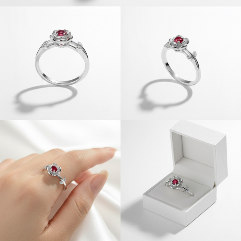 Anel Rosa Encantada Rubi em Prata 925 – Design de Flor com Detalhes de Folhas, Romântico e Delicado