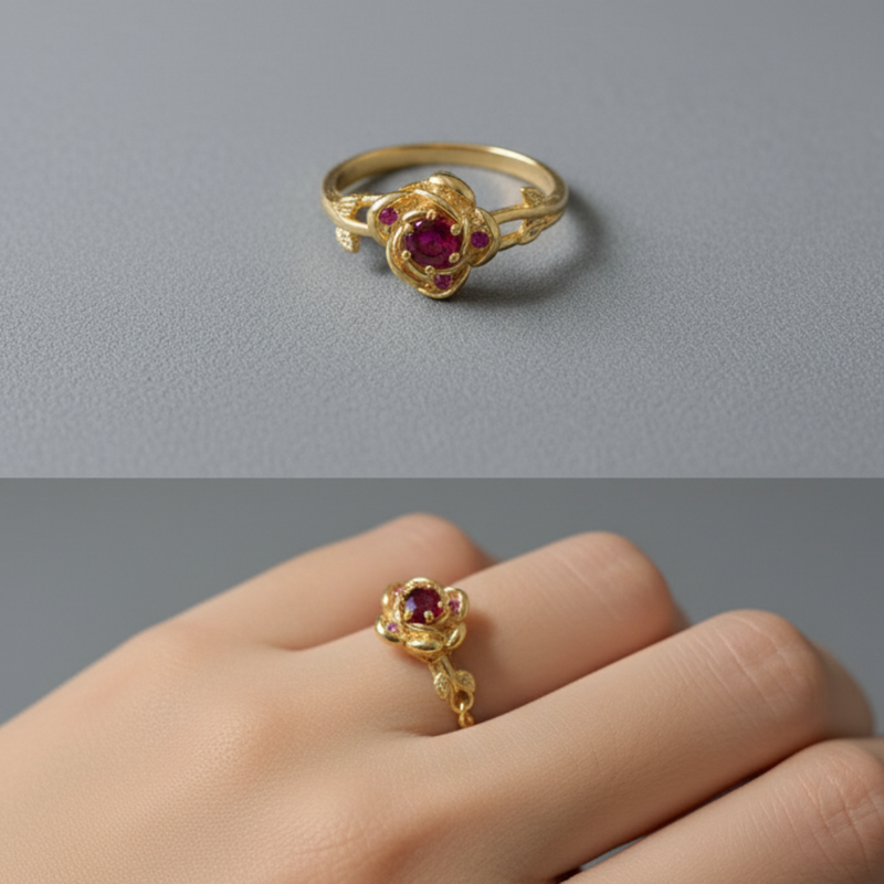 Anel Rosa Encantada Bella e a Fera em Ouro 18k